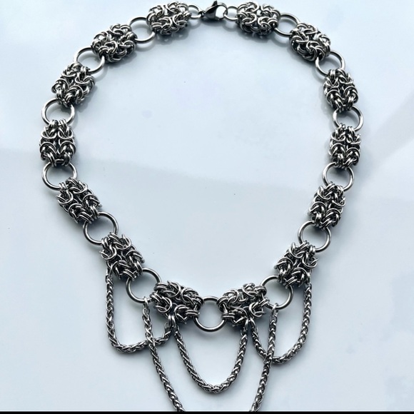 Handmade stainless steel maille thick choker chain double bizantine link pattern - Picture 8 of 16